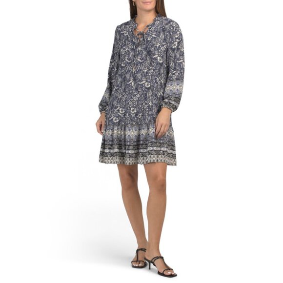 RACHEL ZOE Chambray Long Sleeve Ruffle Neck Keyhole Mini Dress - Picture 1 of 2